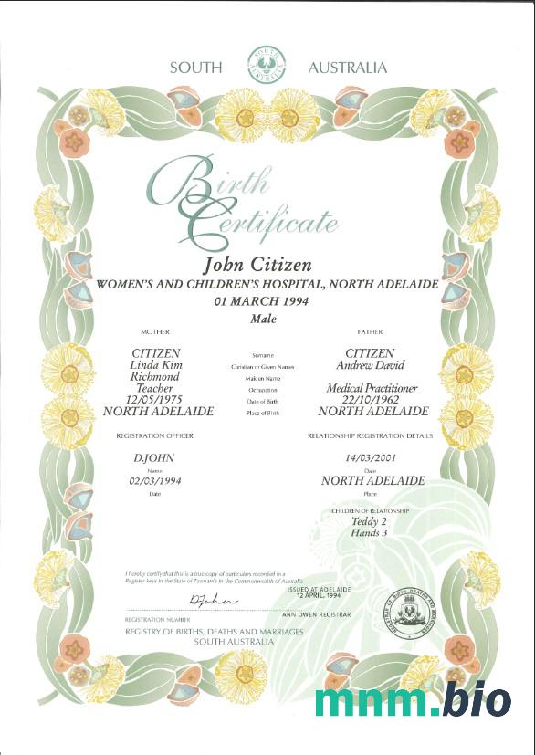Australian South Australia dekoracyjne (commemorative) narodziny certyfikat szablon w formacie PSD